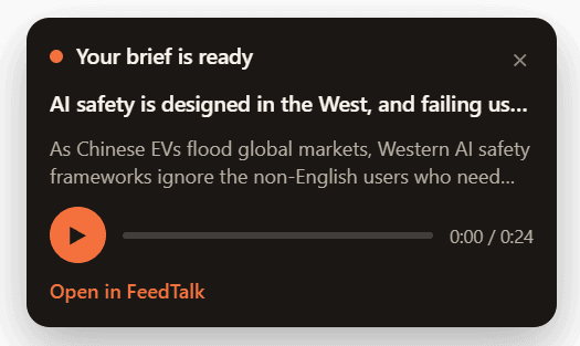 The extension's on-page player: Your brief is ready, the article title and summary, a play button with a 24-second track, and Open in FeedTalk
