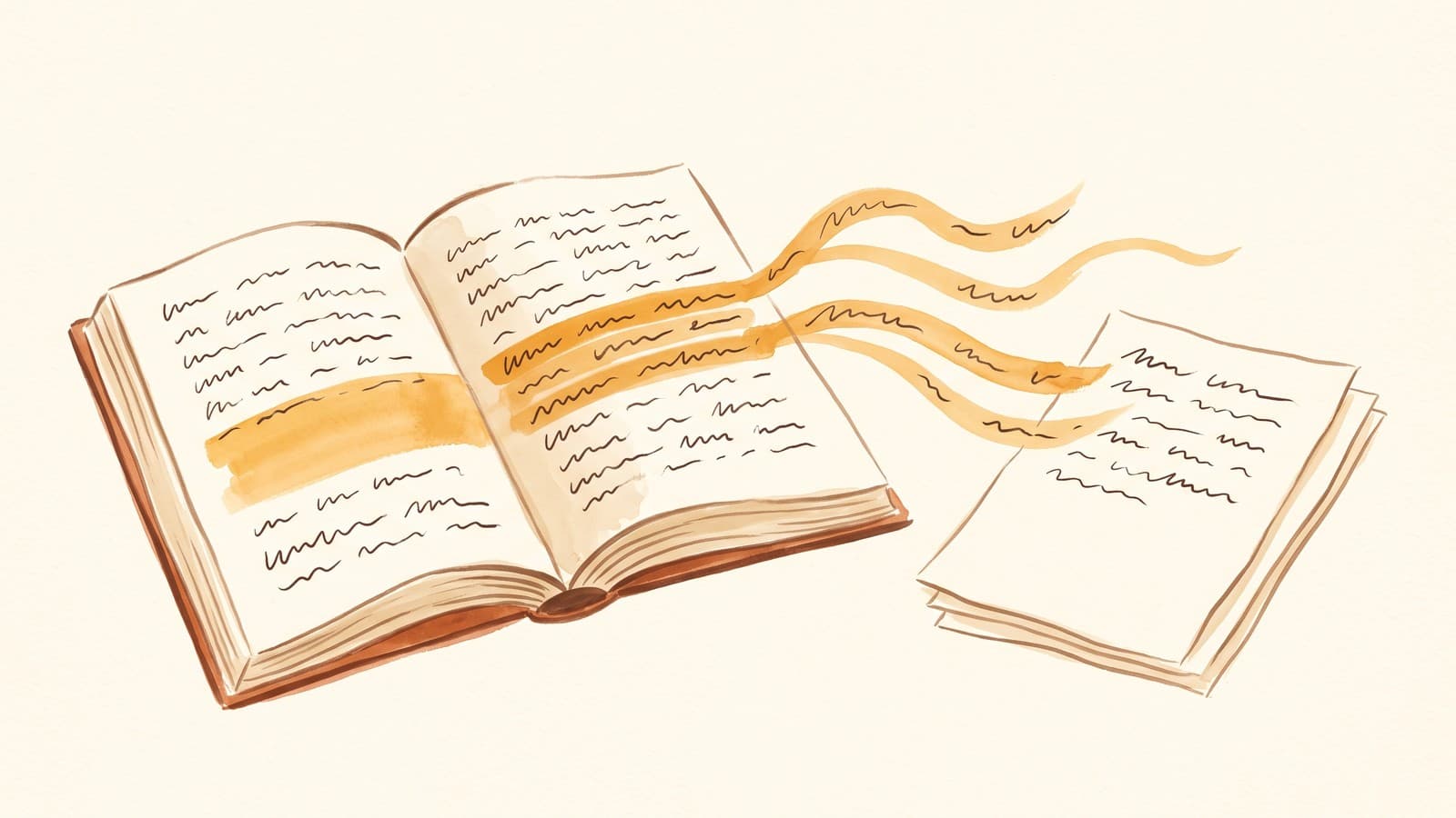 A watercolour of an open book whose highlighted lines drift off the page into a second, untouched stack of loose sheets