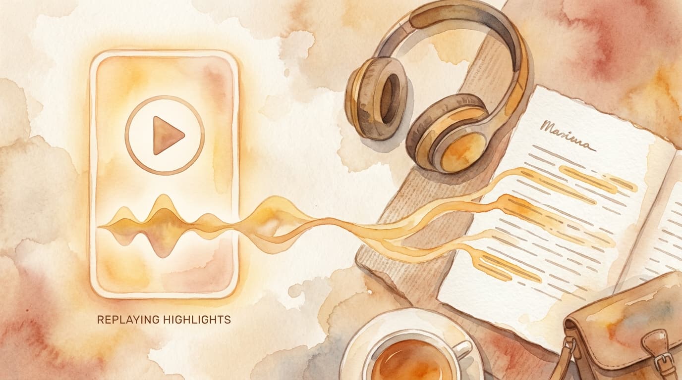 A phone playing an AI-generated audio Talk next to headphones and a highlighted article